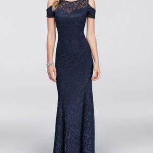 Nightway navy blue cold-shoulder lace gown